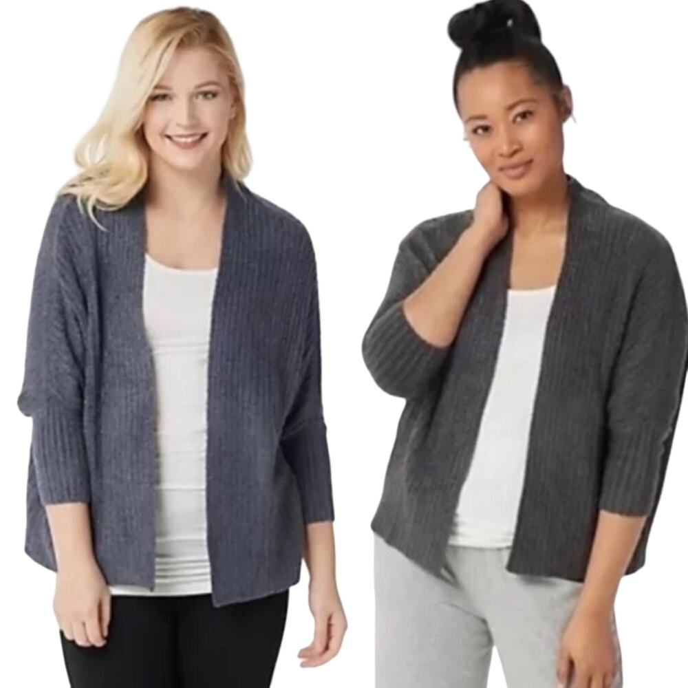 Barefoot Dreams CozyChic Lite Cardigan Shrug Sweater Ribbed Open Front Gray S/M